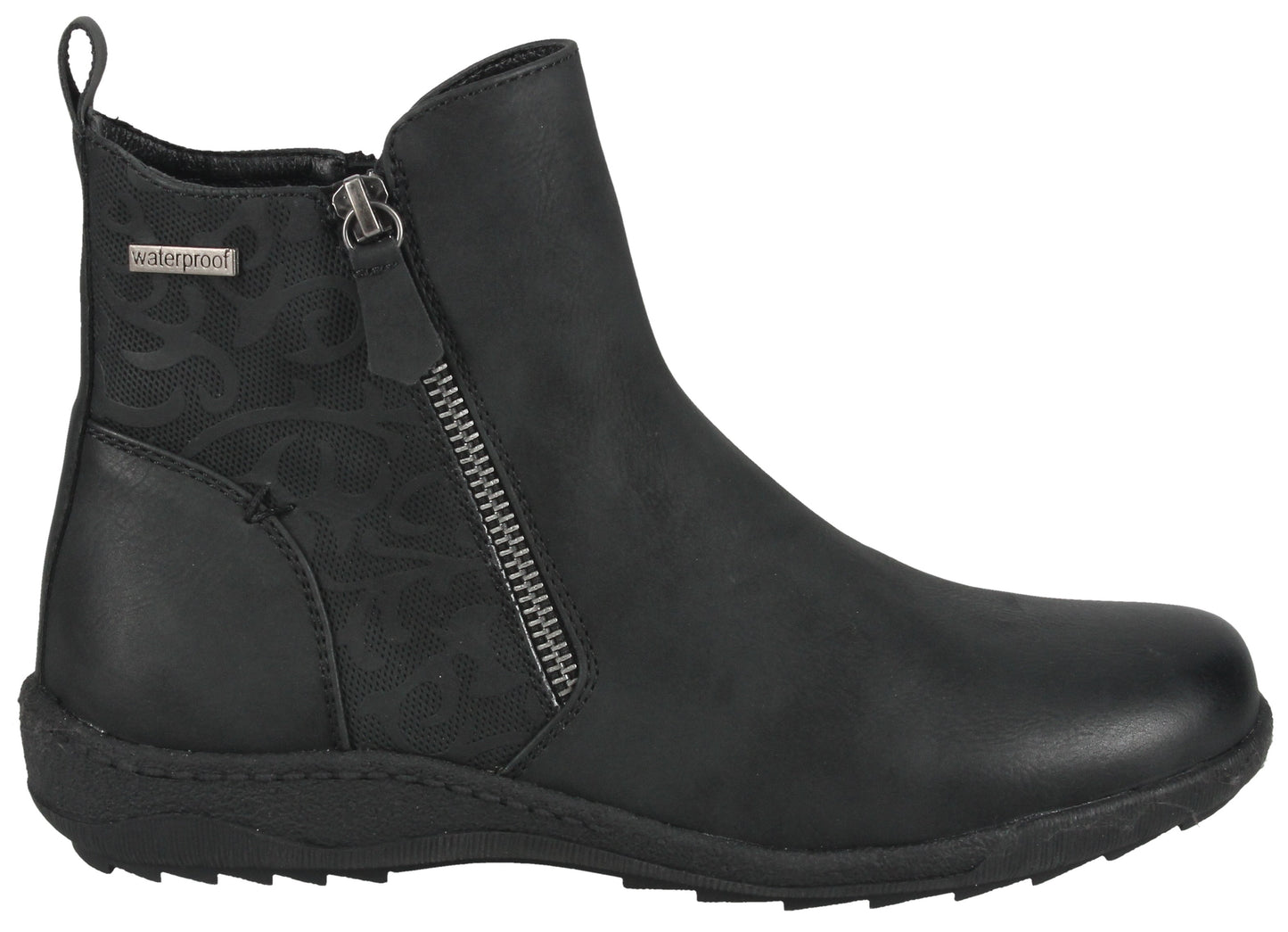 Black ankle boot with side zipper and waterproof tag.