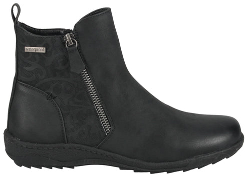 Black ankle boot with side zipper and waterproof tag.