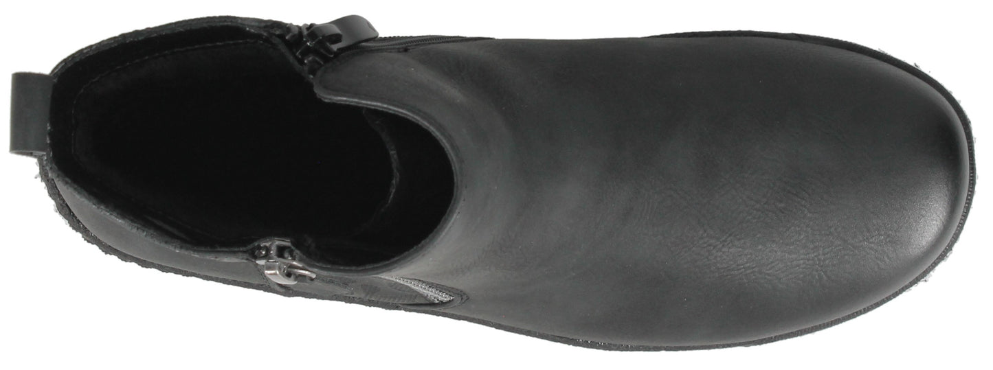 A black boot with a side zipper.