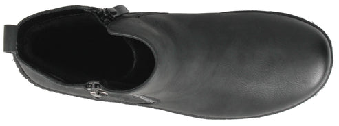 A black boot with a side zipper.