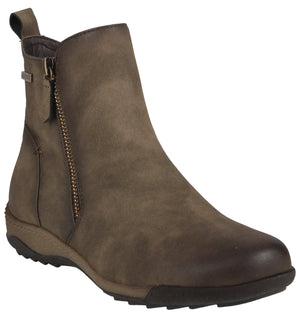 Leather ankle boot with a side zipper and pull tab.