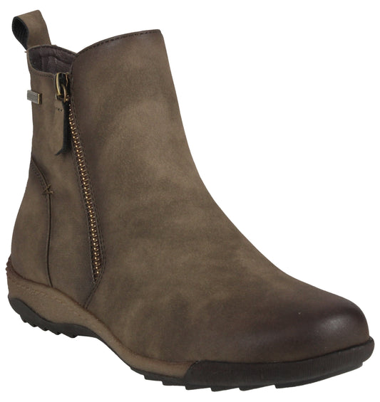 Leather ankle boot with a side zipper and pull tab.