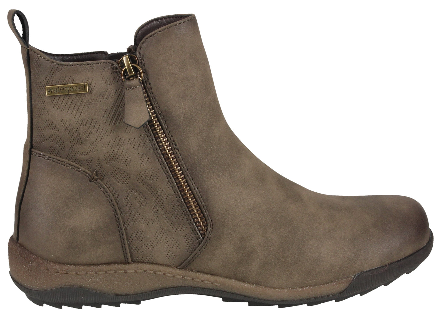 Taupe ankle boot with side zipper and pull tab.