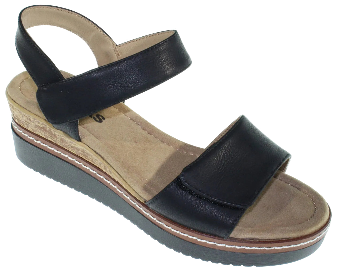 Black sandal with hook and loop closures and platform sole.