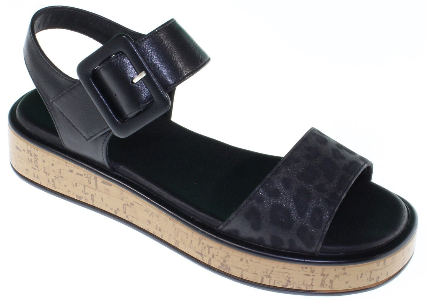 Black sandal with ankle strap and leopard print toe strap on a cork sole.