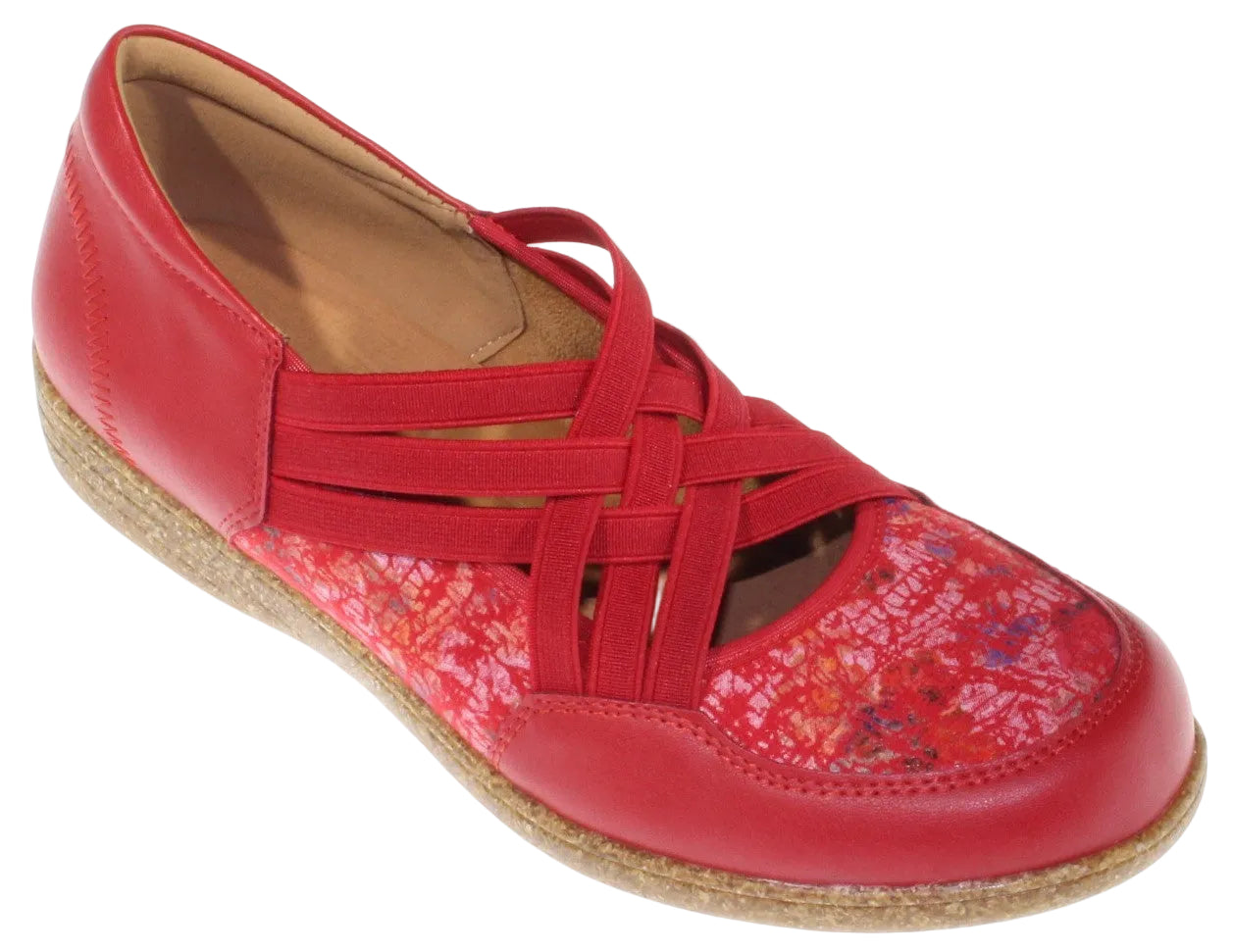 Red leather ballet flat with elastic criss-cross straps and printed vamp.