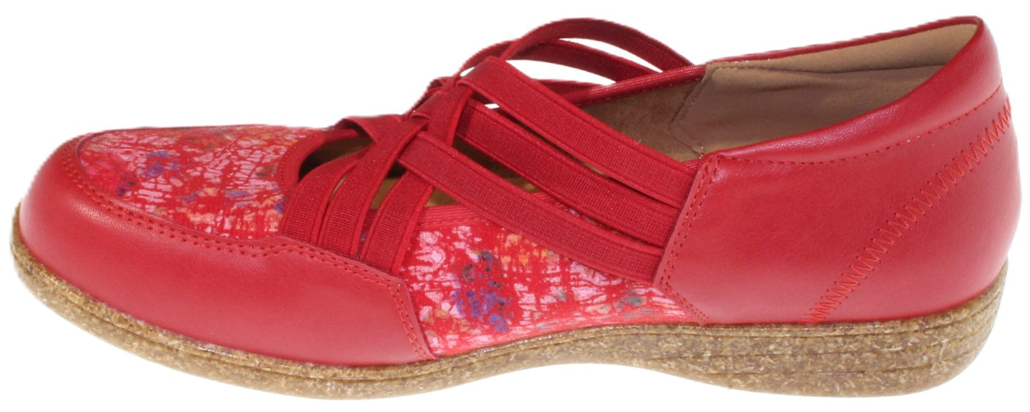 A red shoe with several red straps across the top of the foot.