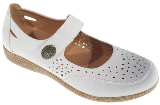 White Mary Jane style shoe with perforated vamp and adjustable hook and loop strap.