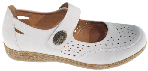 White Mary Jane style shoe with decorative button and perforated upper.