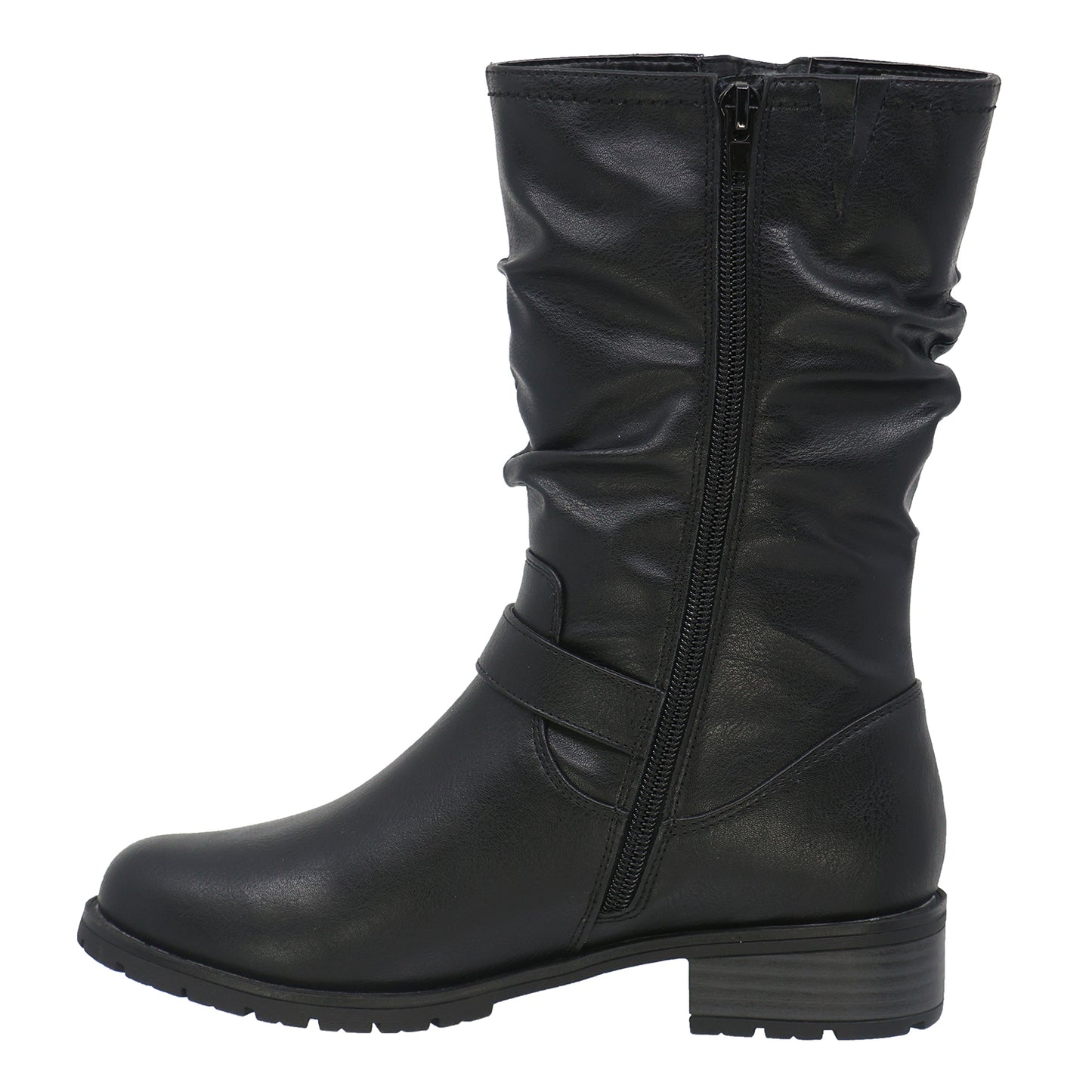 Black mid-calf boot with side zipper and buckle detail.