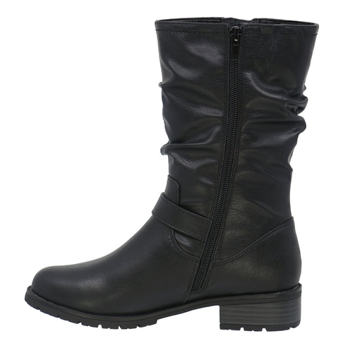 Black mid-calf boot with side zipper and buckle detail.