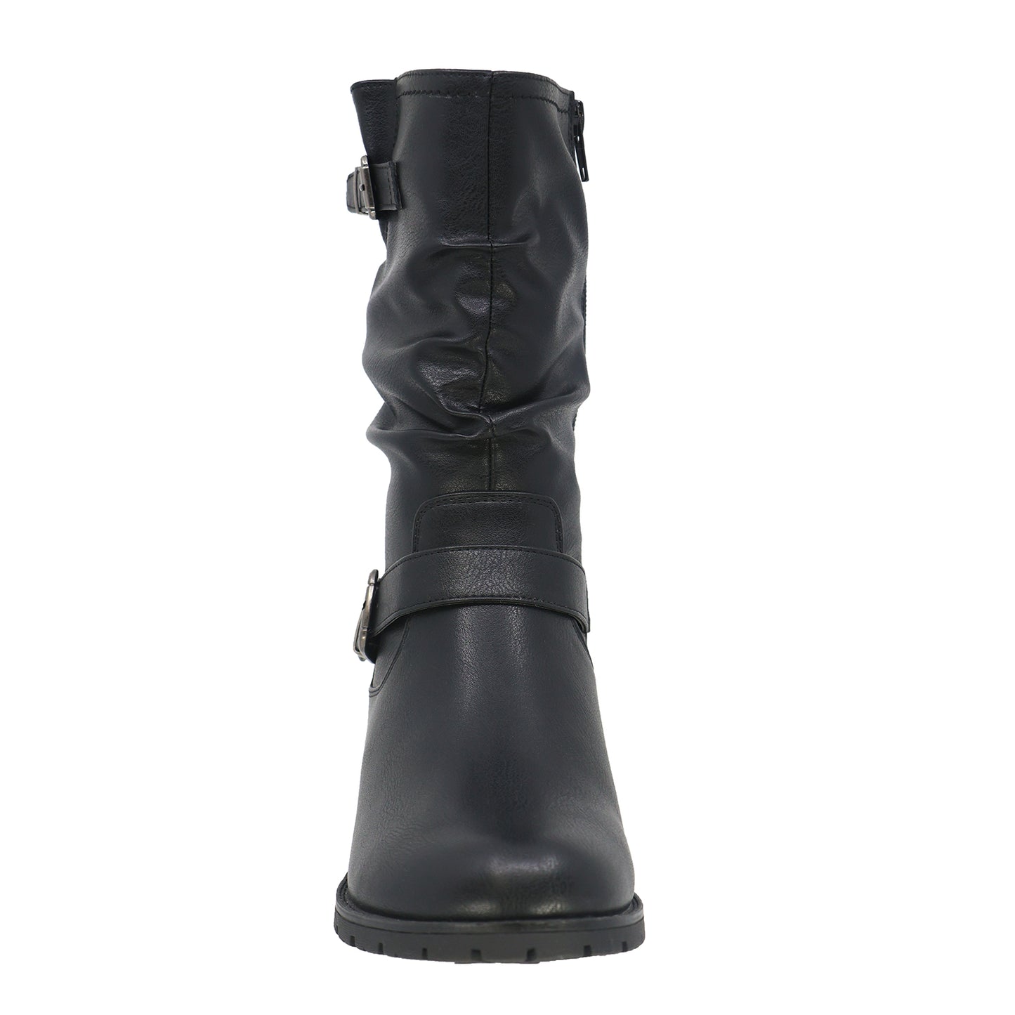 Knee-high black boot with decorative buckles.