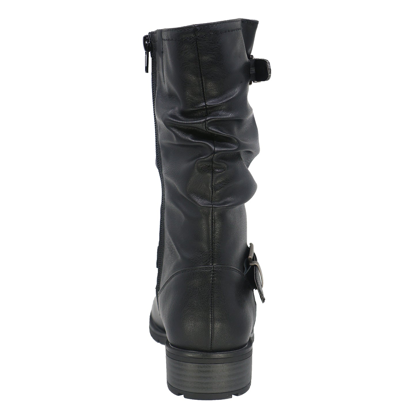 Back view of a black mid-calf boot with buckles and gathered shaft.