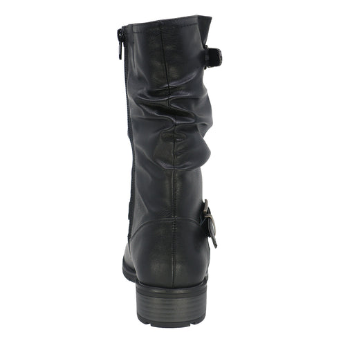 Back view of a black mid-calf boot with buckles and gathered shaft.