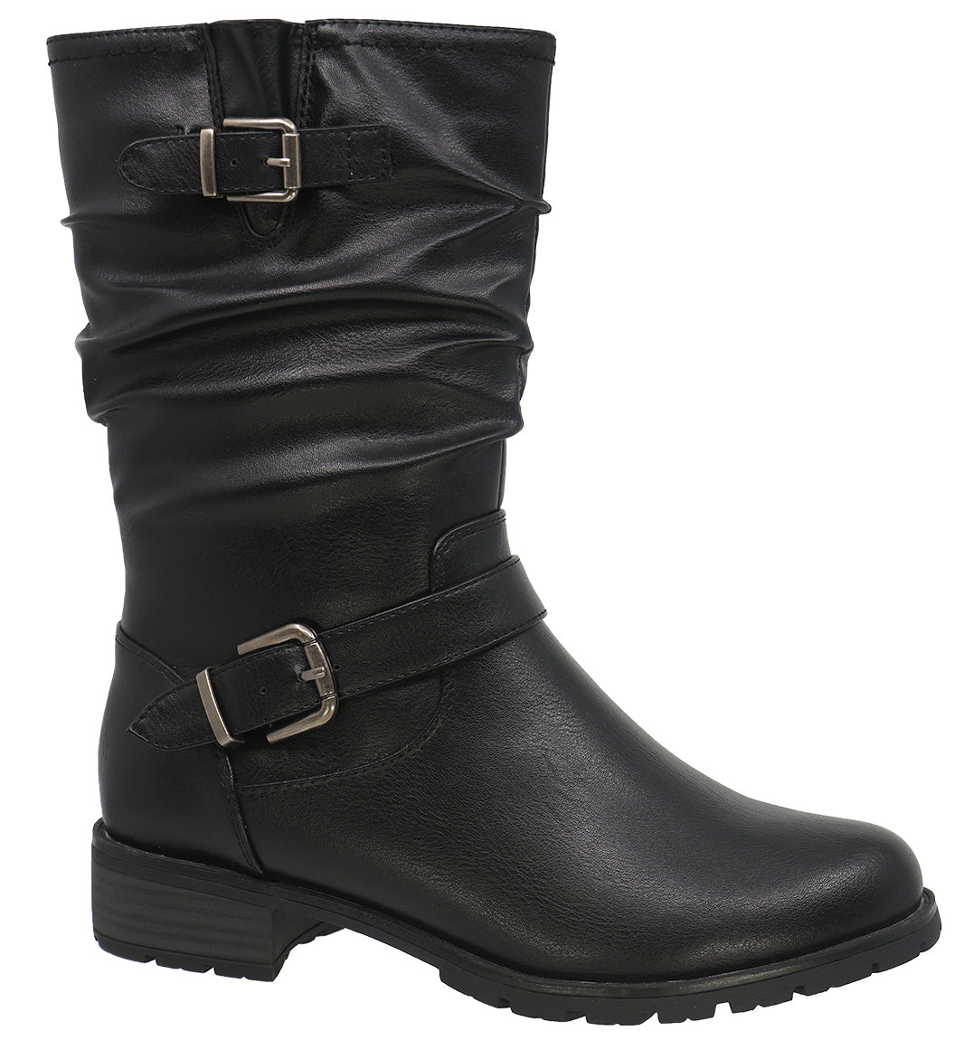 Black, mid-calf boot with buckle straps and gathered upper.
