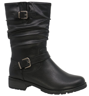 Black, mid-calf boot with buckle straps and gathered upper.