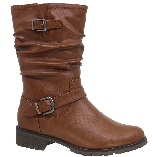 Brown mid-calf boot with buckle straps and a low heel.