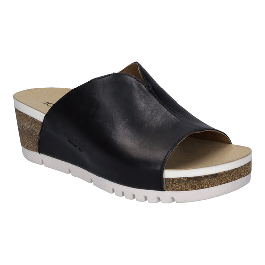 Black slide sandal with a wedge cork heel.