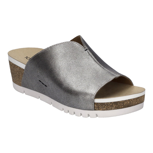 Silver metallic open-toe wedge sandal with cork midsole.