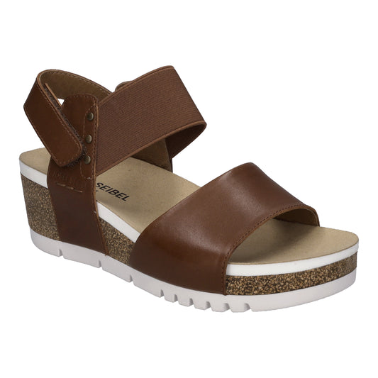 Brown sandal with a wide elastic ankle strap and a platform sole.