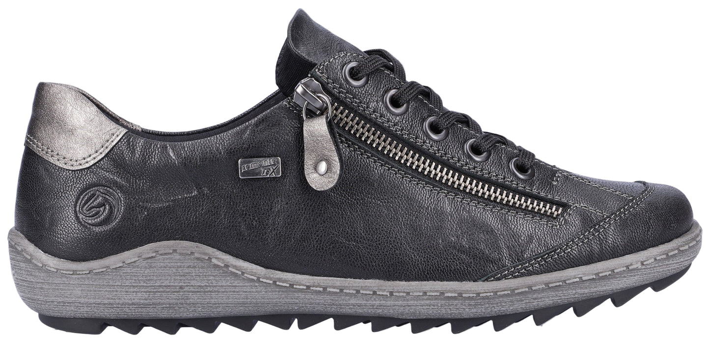 A black shoe with a zipper and shoelaces.