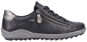 A black shoe with a zipper and shoelaces.