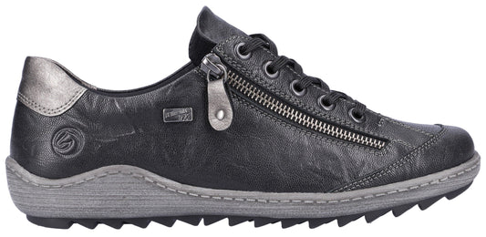 A black shoe with a zipper and shoelaces.