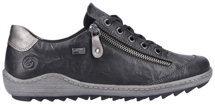 A black shoe with a zipper and shoelaces.