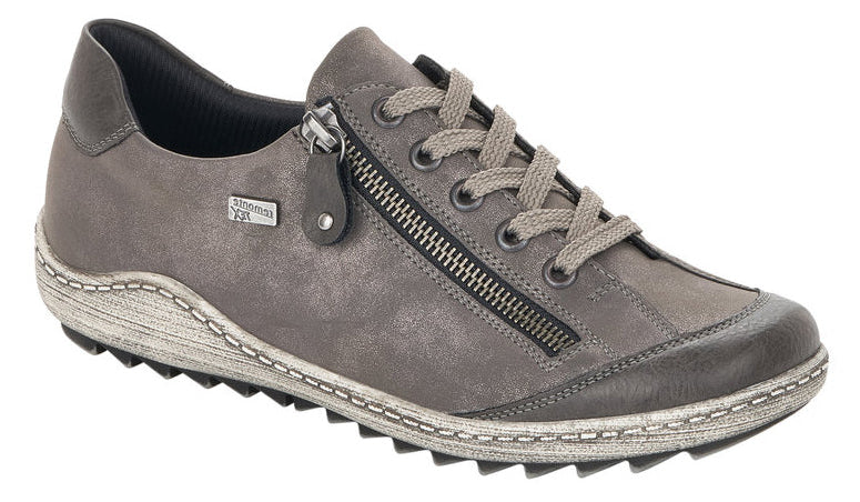 A gray low-top shoe with laces and a side zipper.