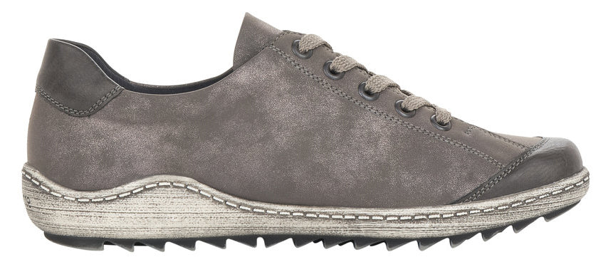 A gray casual shoe with laces and a ridged sole.