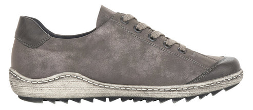 A gray casual shoe with laces and a ridged sole.
