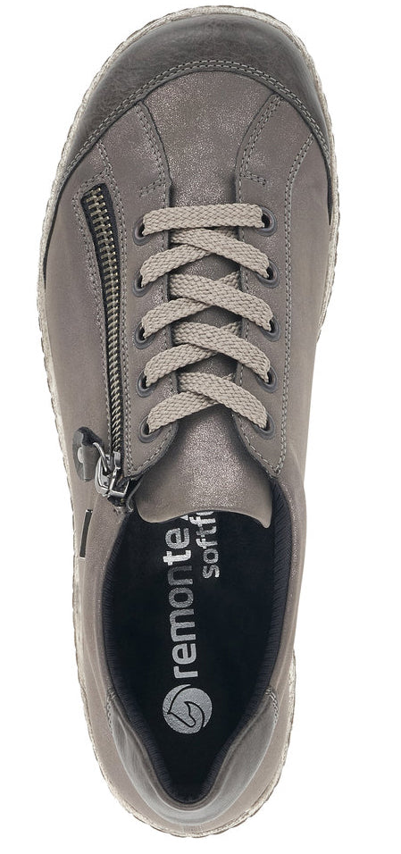 A gray laced shoe with a gray sole and a zipper on the side.