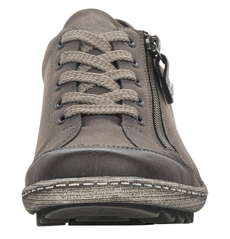 Grey lace-up shoe with side zipper and dark toe cap.
