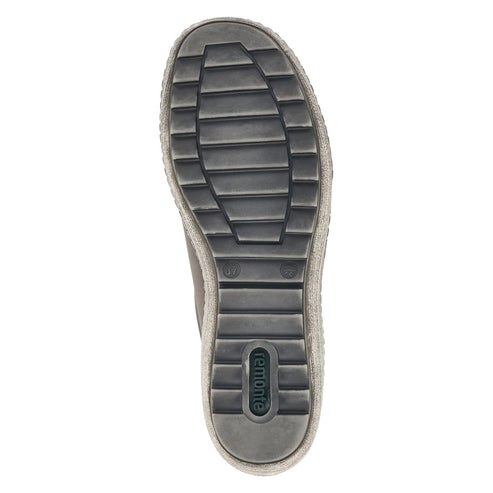 Gray shoe sole with deep treads and the word "remonte".