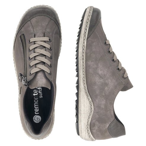 Pair of low-top grey sneakers with laces and side zipper detail.