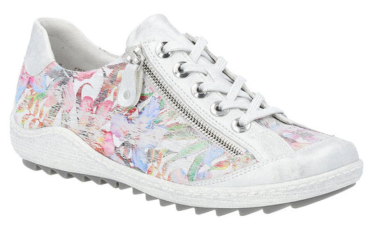 White floral sneaker with side zipper and white laces.