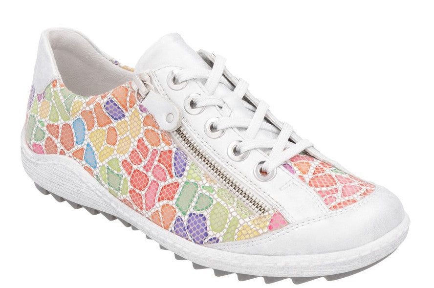 White sneaker with colorful mosaic pattern and side zipper