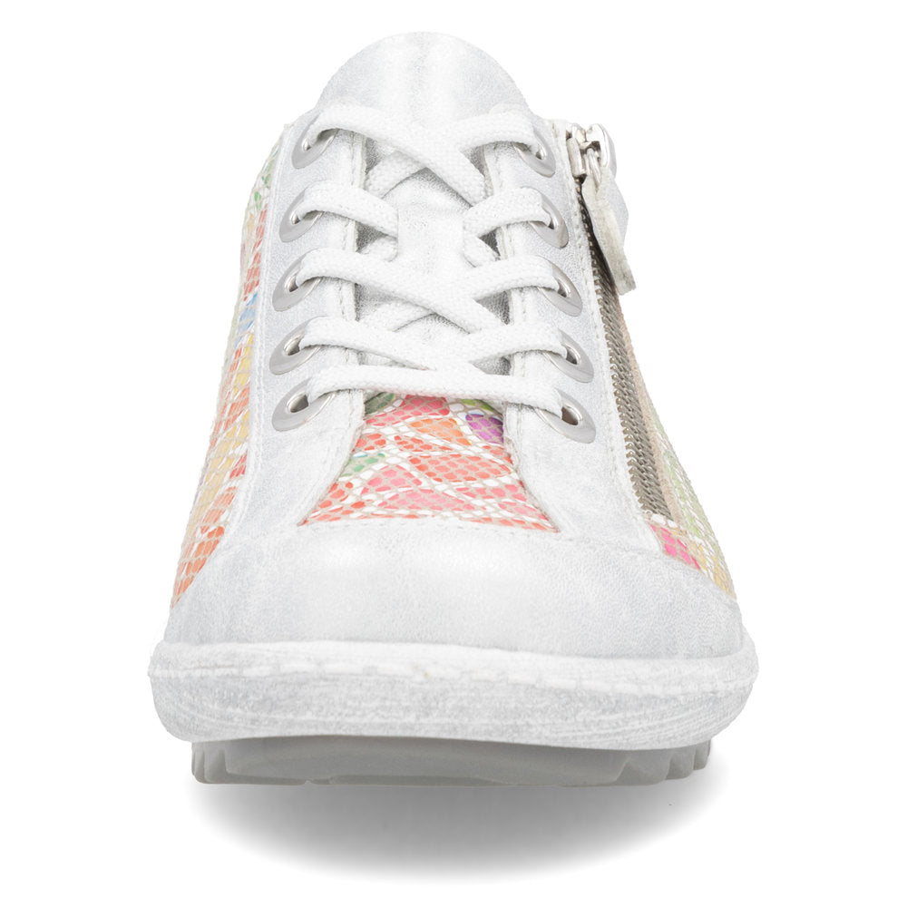 White sneaker with white laces, floral patterns, and side zipper.
