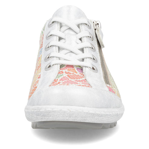 White sneaker with white laces, floral patterns, and side zipper.