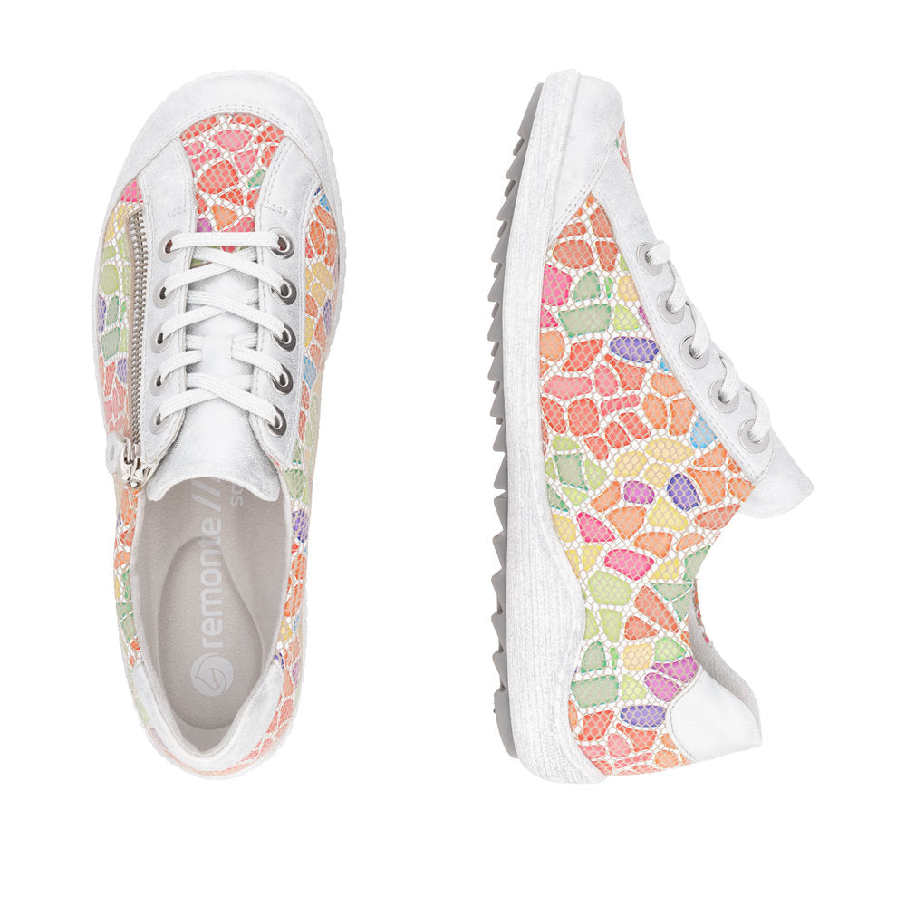 Two white lace-up sneakers with colorful mosaic design.