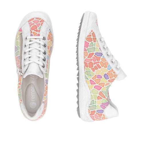 Two white lace-up sneakers with colorful mosaic design.