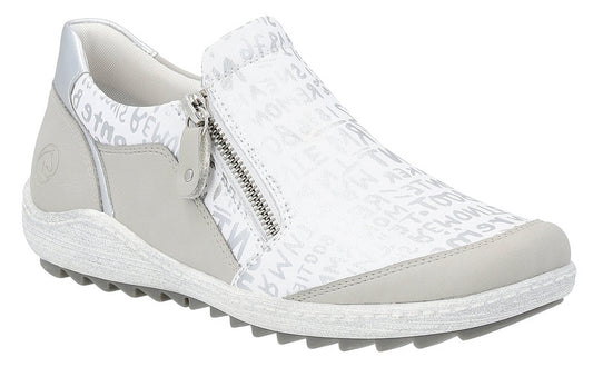 White and gray slip-on shoe with side zipper and text pattern.