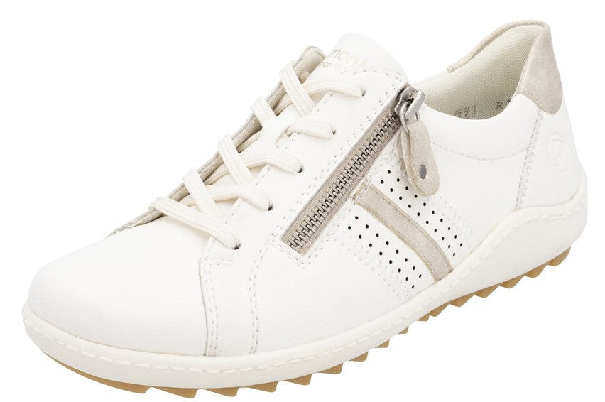 White leather sneaker with laces and a zipper.