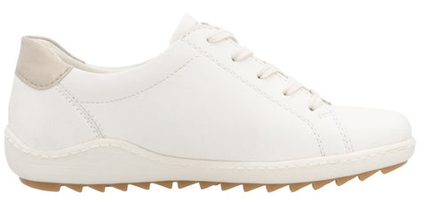 White leather sneaker with tan heel.