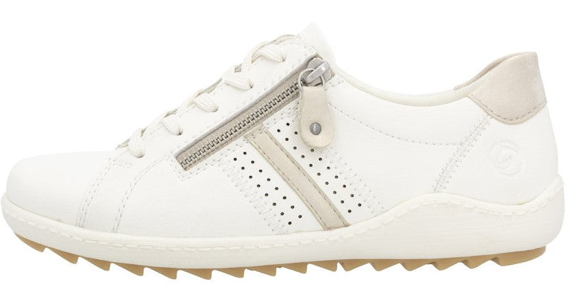 White sneaker with side zipper and perforated stripe detail.