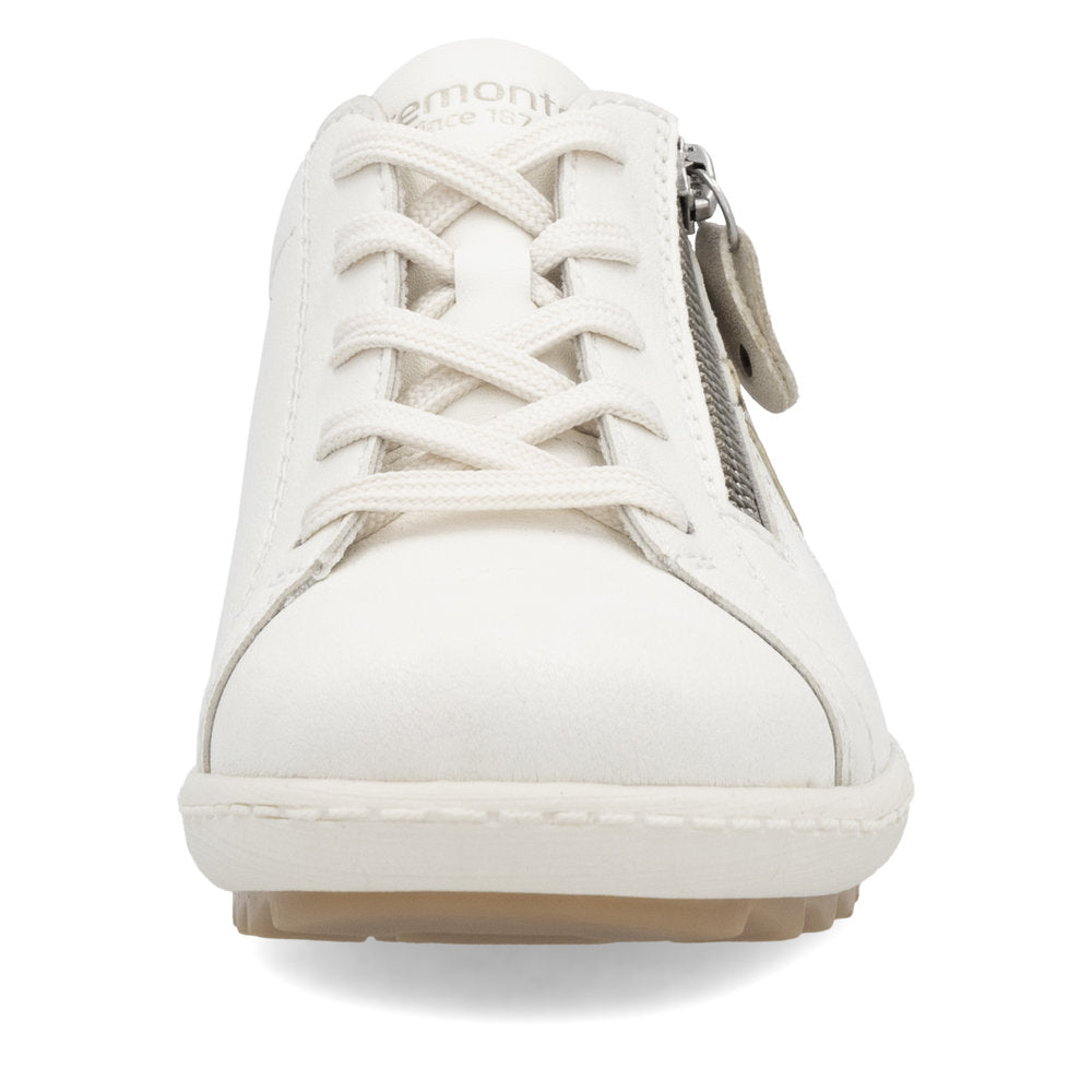White sneaker with laces and a side zipper.