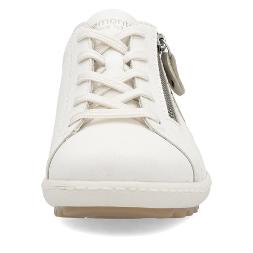 White sneaker with laces and a side zipper.