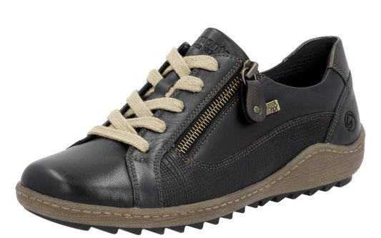 Low-rise black leather sneaker with beige laces and zippered side.
