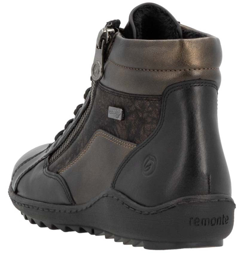 Black and bronze ankle boot with zipper and embossed details.