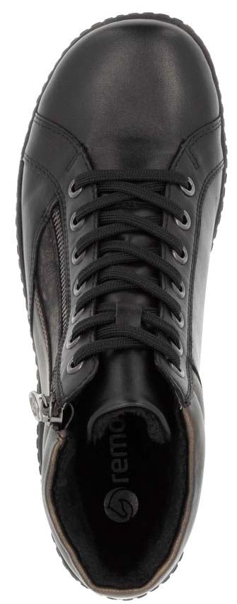 Overhead shot of a laced black leather shoe with a zipper.